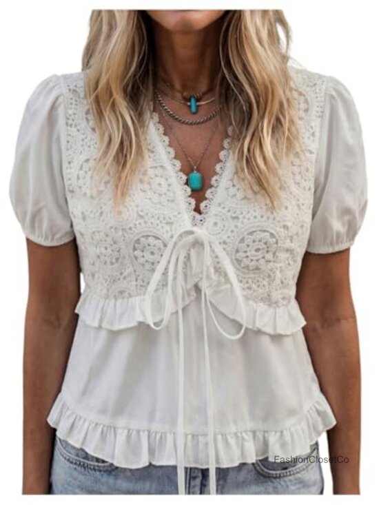 Tops - Embroidered Tie Front V Neck Puff Sleeve Babydoll Blouse Boho Peplum Top